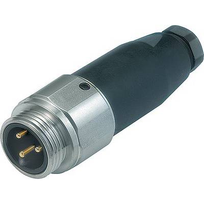 Un connecteur électrique gris et noir avec trois broches dorées, adapté pour relier des appareils électroniques.