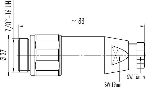 Dessin technique d'un composant cylindrique avec dimensions : longueur d'environ 83 mm, diamètre 27 mm. Filetage '7/8"-16 UN'. Détails sur les largeurs de clé SW 19 mm et SW 16 mm.