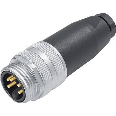 Un connecteur électrique noir et argenté avec plusieurs broches métalliques.