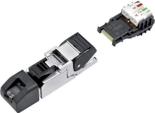 Deux parties d'une prise réseau : à gauche, un boîtier métallique avec une pince, à droite, un module en plastique avec des repères de couleur pour les connexions de câbles.