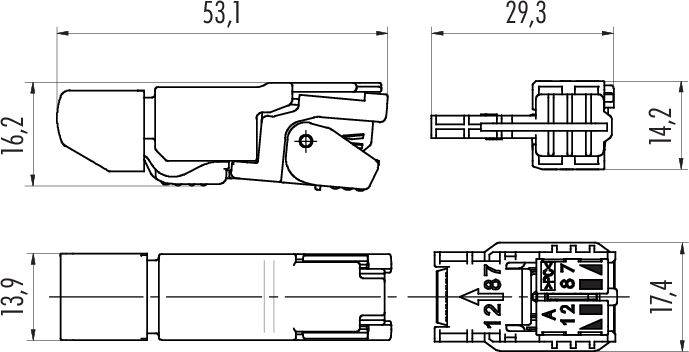 Dessin technique d'un connecteur avec cotes : Longueur 53,1 mm, Largeur 29,3 mm, Hauteur 16,2 mm. Vue de dessus, de côté et de face.