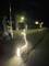 Un chemin illuminé mène à un bâtiment ouvert dans la nuit. Des lumières au sol guident le chemin et éclairent la scène.