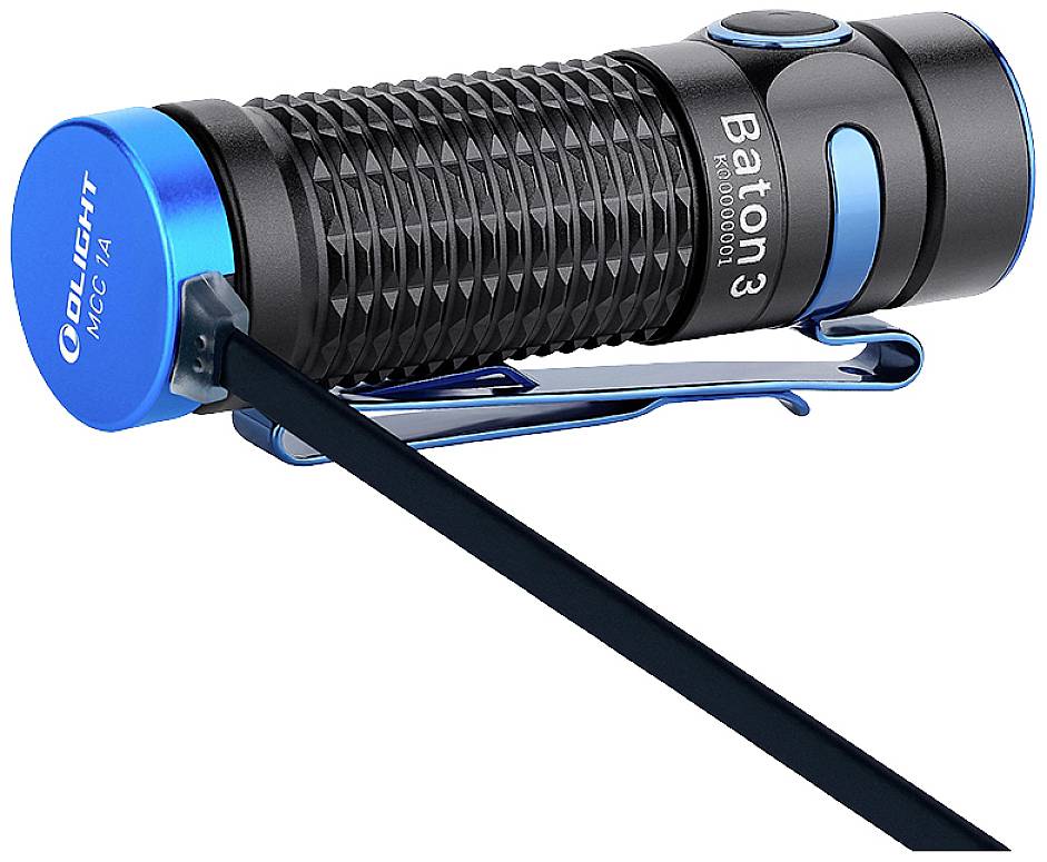 Lampe de poche compacte noire avec clip bleu et embout, marquée 'Baton 3', au design professionnel.