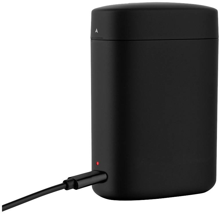 Chargeur noir, rectangulaire, avec câble, indiquant l'état de charge par un voyant rouge sur le côté avant, au design moderne.