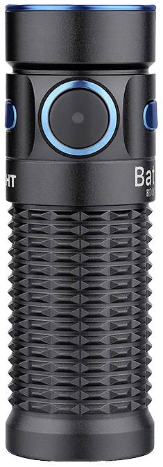Une lampe de poche compacte, noire, avec un accent bleu sur le bouton et le bord de l'objectif. Elle dispose d'un motif de préhension structuré.