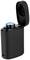 Appareil électronique portable noir avec couvercle ouvert et connecteur rond visible, adapté pour charger ou connecter.