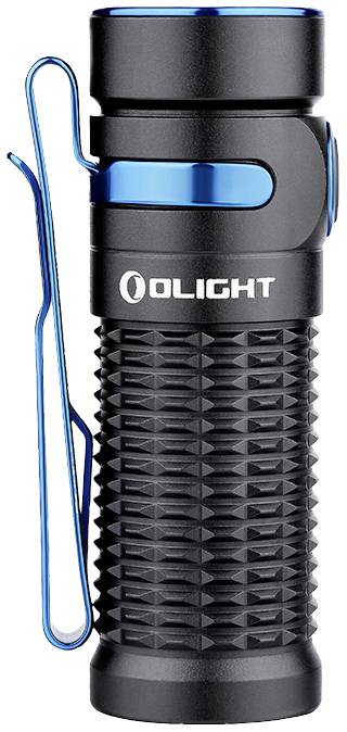 Lampe de poche noire et bleue avec poignée striée et interrupteur latéral. Logo de la marque 'Olight' visible.