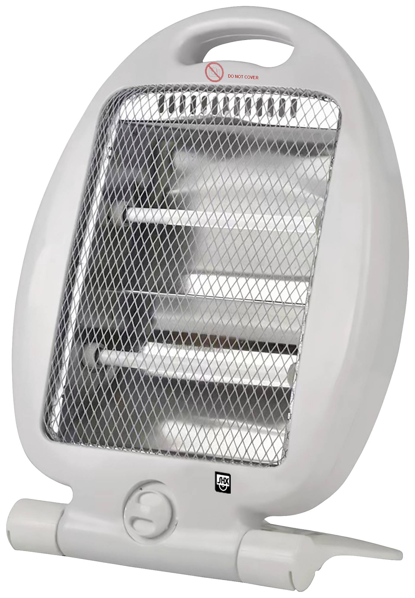 Un radiateur électrique blanc avec une façade grillagée et une poignée. Un symbole d'interdiction est placé en haut, indiquant de ne pas couvrir le ventilateur.