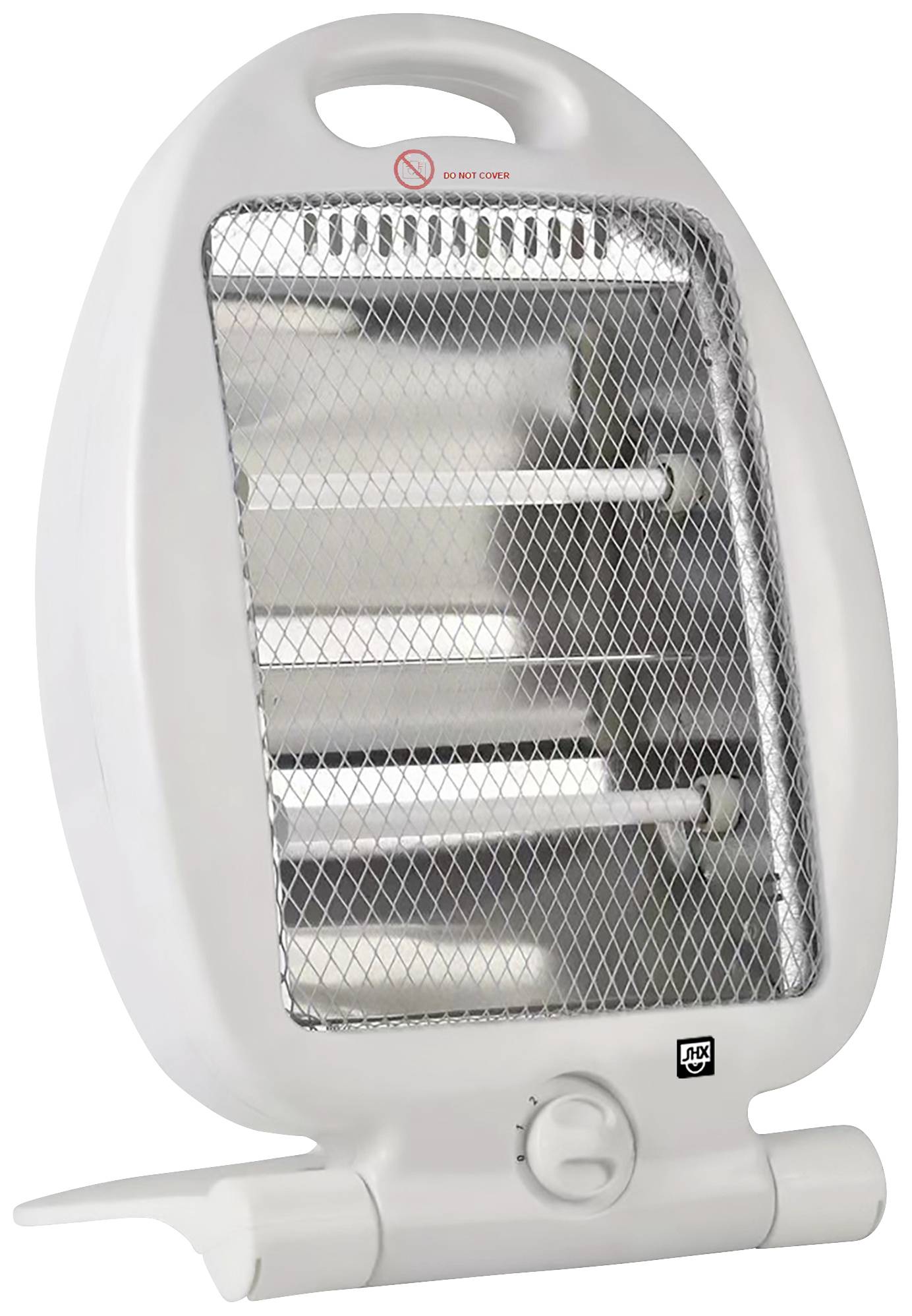 Un radiateur soufflant blanc en quartz avec un bouton rotatif en bas et une grille de protection à l'avant. Adapté aux petits espaces, non destiné à un usage extérieur.