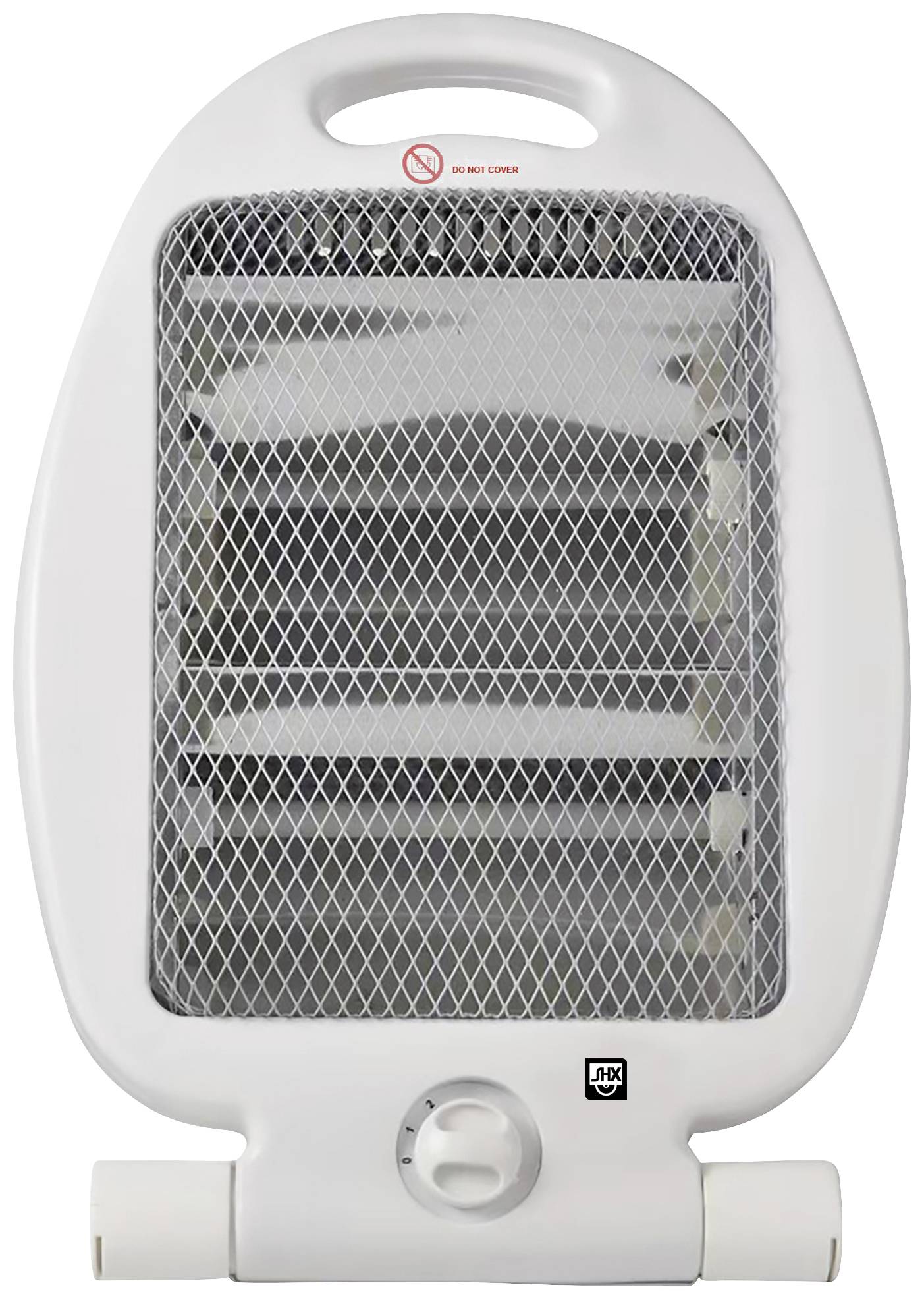 Radiateur électrique blanc de forme ovale avec grille avant en maille. Un bouton rotatif pour le réglage de la température se trouve en bas de l'appareil.