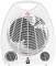 Un radiateur électrique blanc avec deux boutons rotatifs sur la façade et une grille de ventilation. Un symbole d'avertissement est visible en haut.