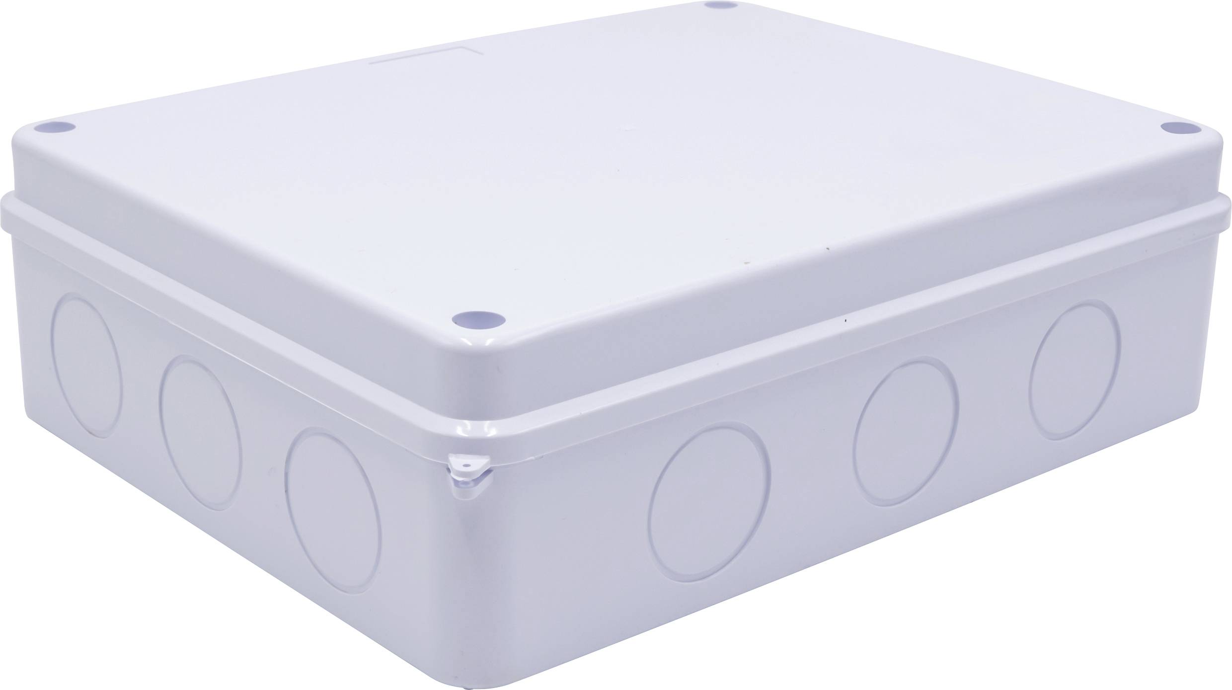 Boîtier en plastique gris clair avec des angles arrondis et des marquages circulaires sur les côtés. Adapté pour les installations électriques.