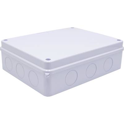 Boîtier en plastique gris clair avec des angles arrondis et des marquages circulaires sur les côtés. Adapté pour les installations électriques.