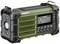 Un système radio portable vert et noir avec écran, touches de sélection de station et réglage du volume. Le nom de la marque est visible.