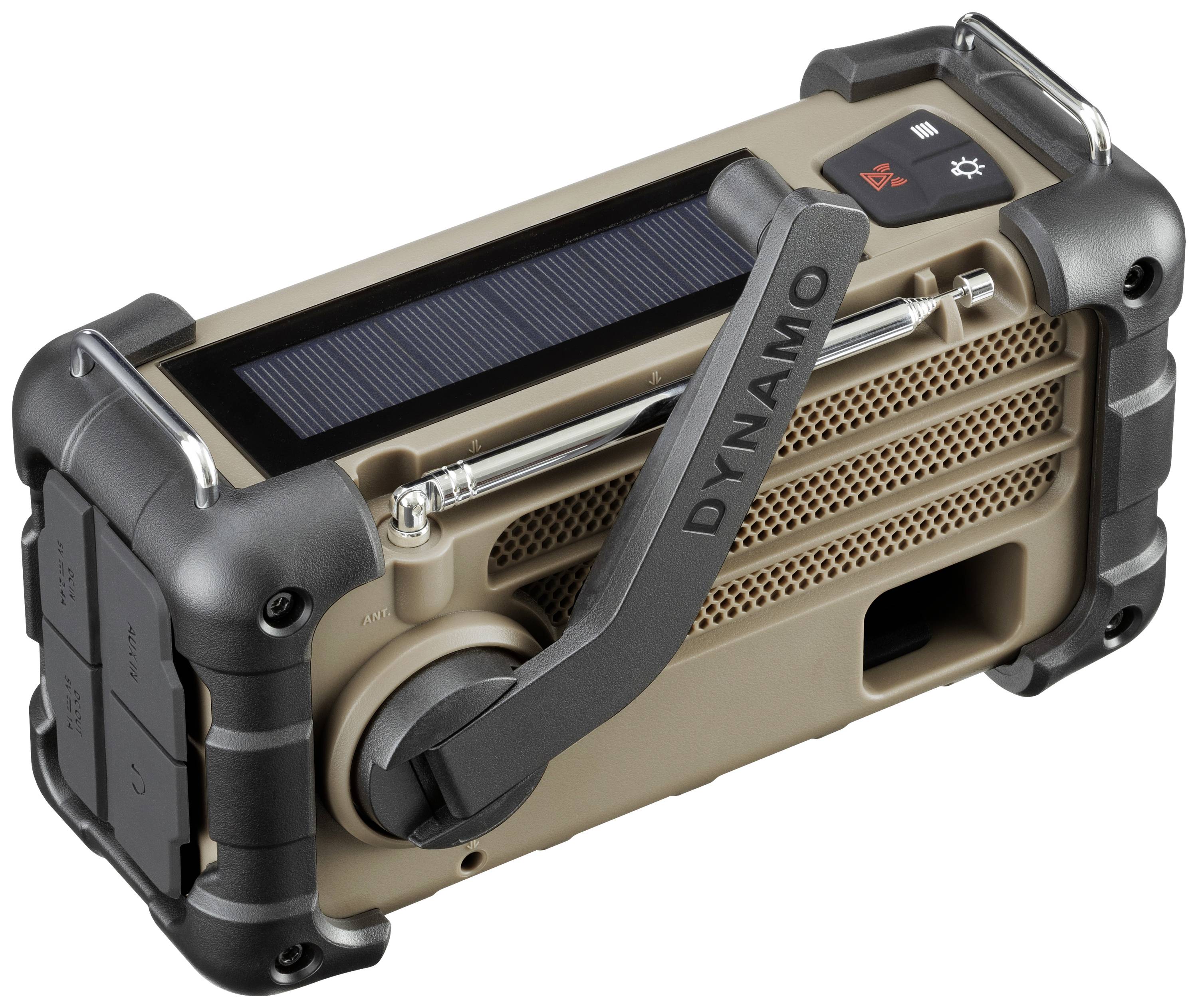 Radio de secours portable avec manivelle et panneau solaire, design robuste, boutons latéraux et antenne. Adapté aux activités de plein air.