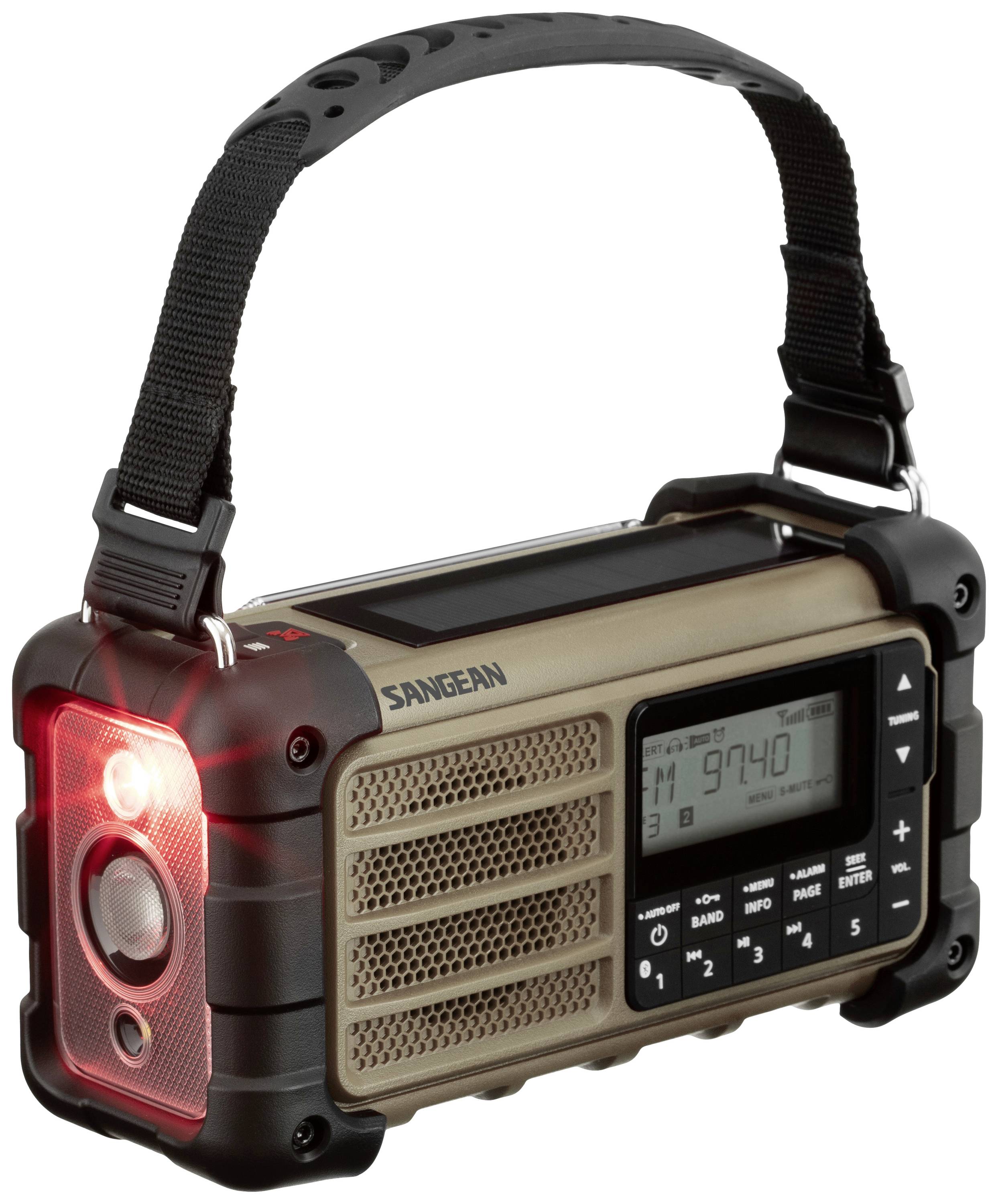 Un radio portable au design robuste avec poignée de transport. Il dispose d'un affichage numérique, de touches de commande et d'une lampe LED éclairante.