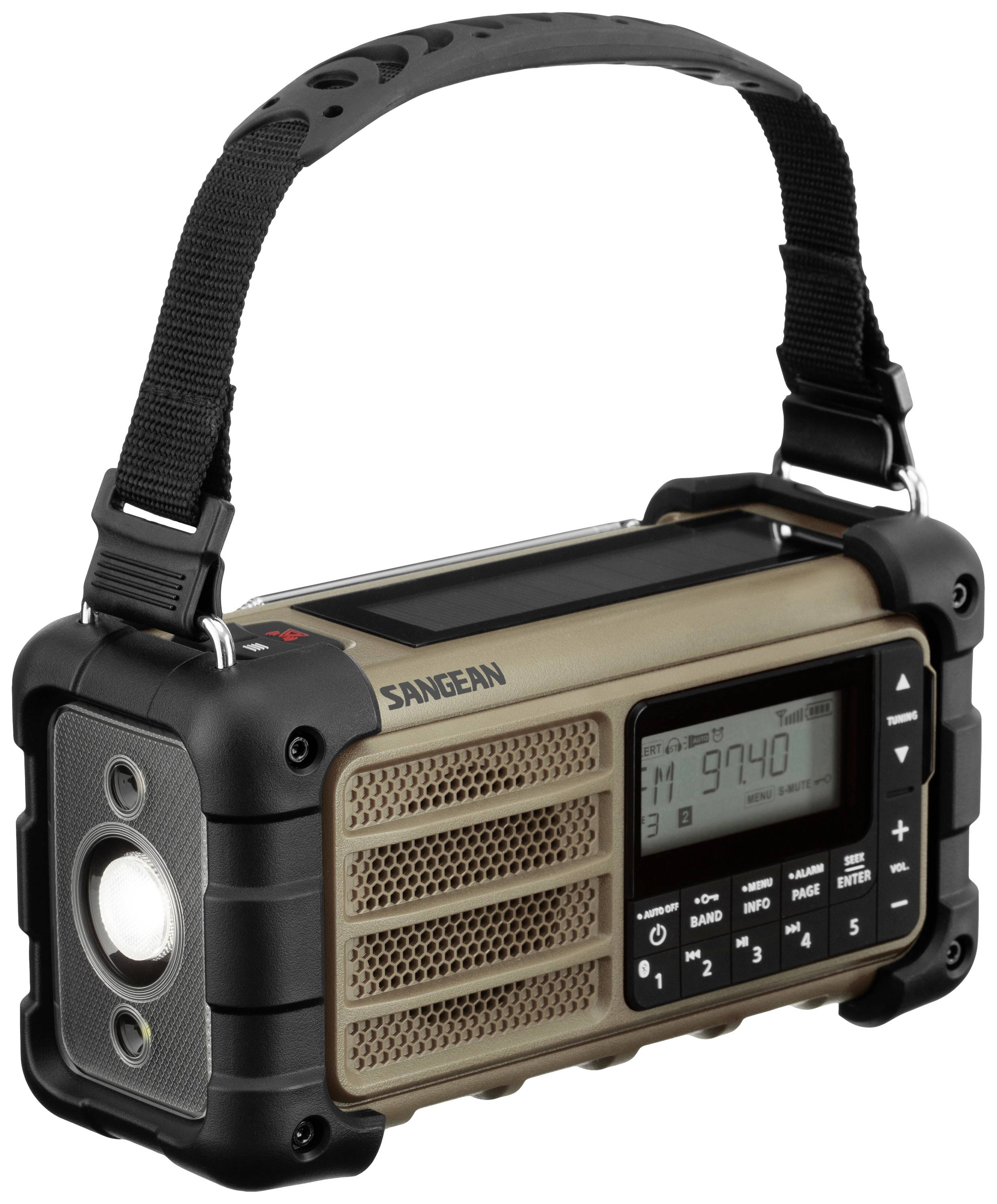 Radio portable avec haut-parleur, affichage numérique et clavier. Robuste et équipé d'une bandoulière, adapté pour une utilisation en extérieur.