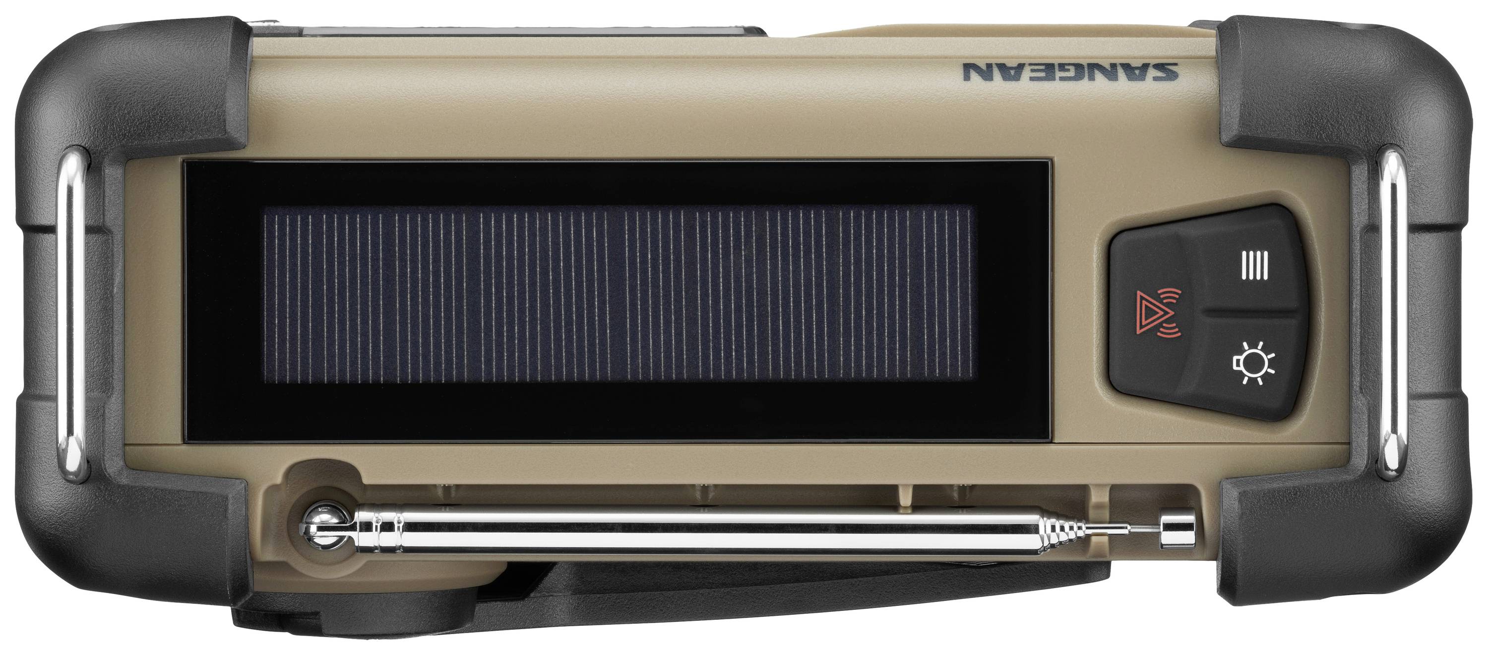 Radio à manivelle en beige et noir avec panneau solaire, antenne et éléments de commande sur la face avant.