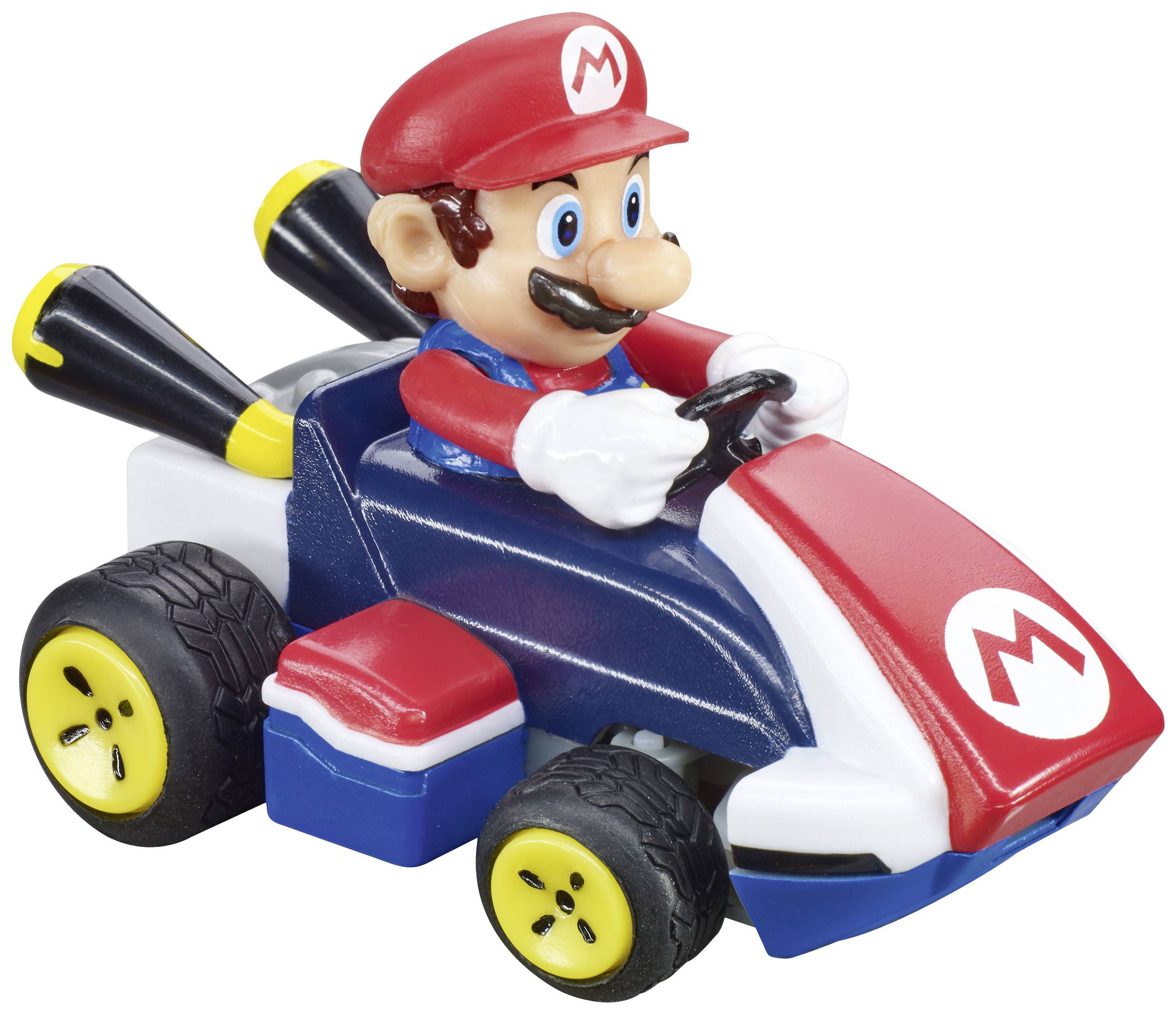 Voiture miniature avec un personnage portant une casquette rouge au volant. La voiture a des roues jaunes et un design accrocheur.