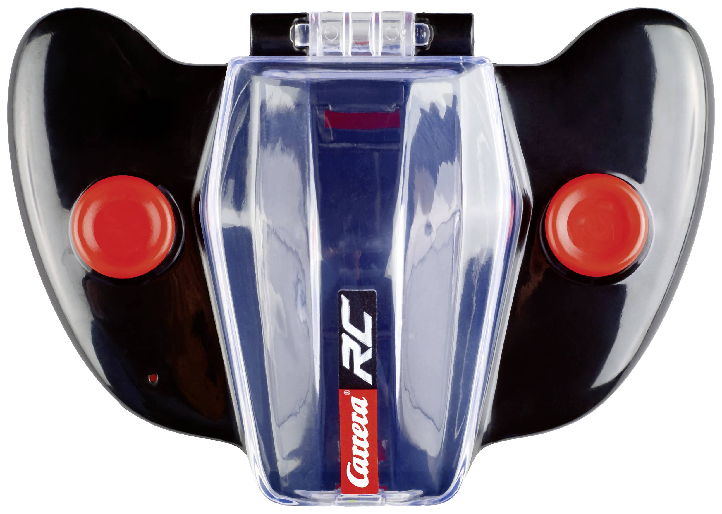 Télécommande noire et transparente en forme de papillon avec le logo rouge Carrera et deux grands boutons rouges à gauche et à droite.
