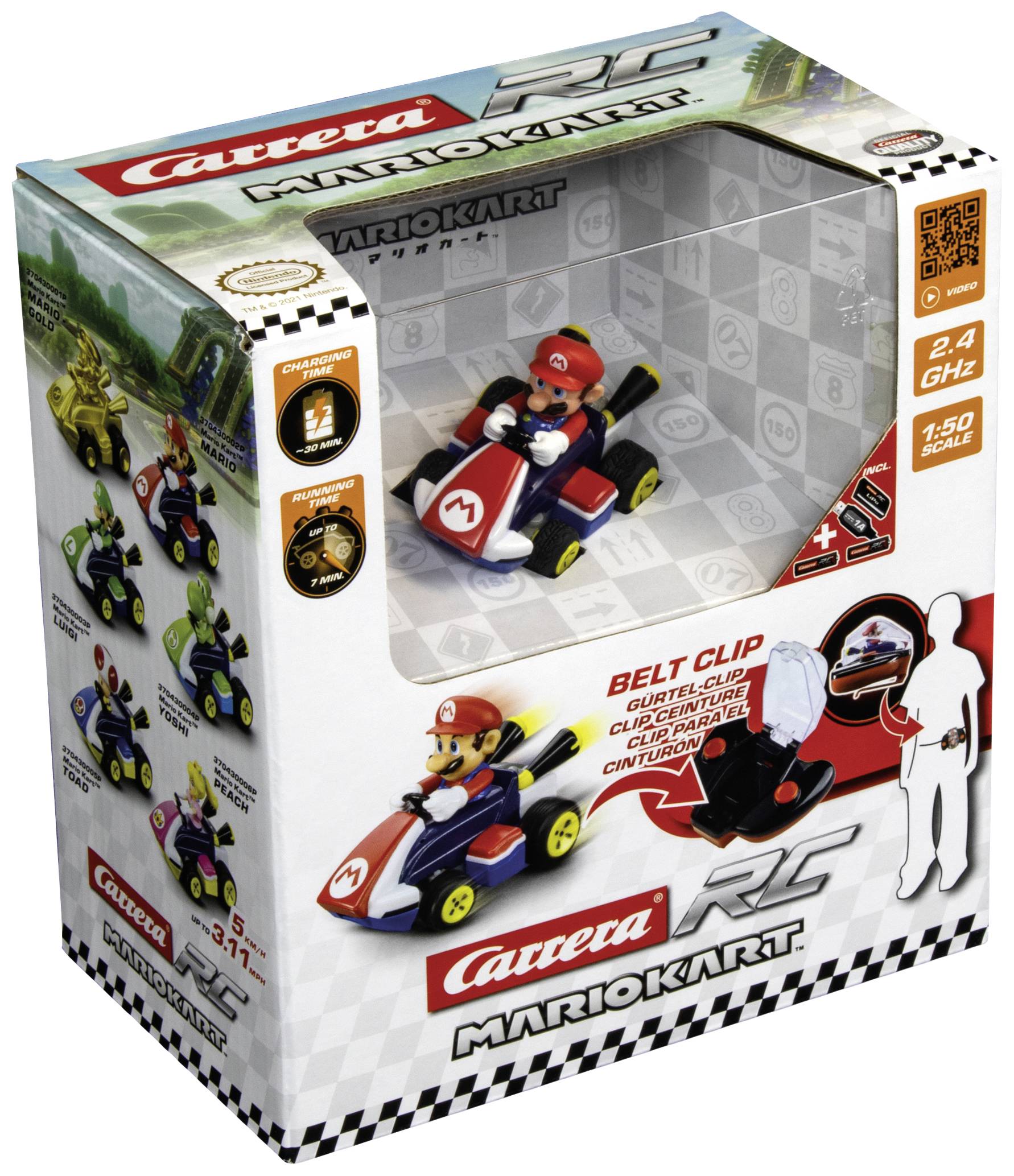 Voiture télécommandée 'Mario Kart' avec figurine de Mario dans son emballage d'origine. L'emballage présente des détails sur les fonctionnalités et l'échelle.