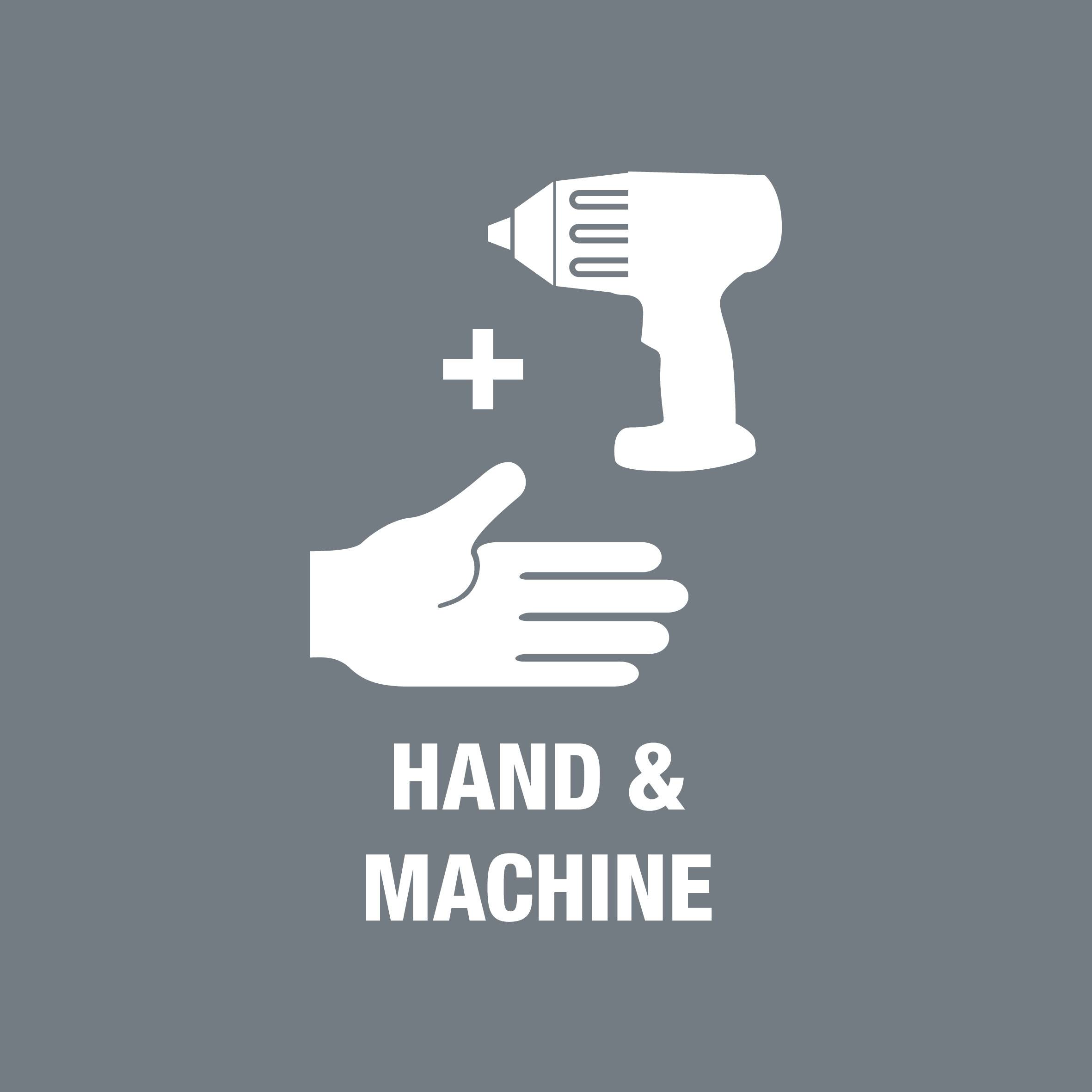 Une main blanche et une perceuse sont représentées sur un fond gris. En dessous, on peut lire 'HAND & MACHINE' en lettres majuscules.