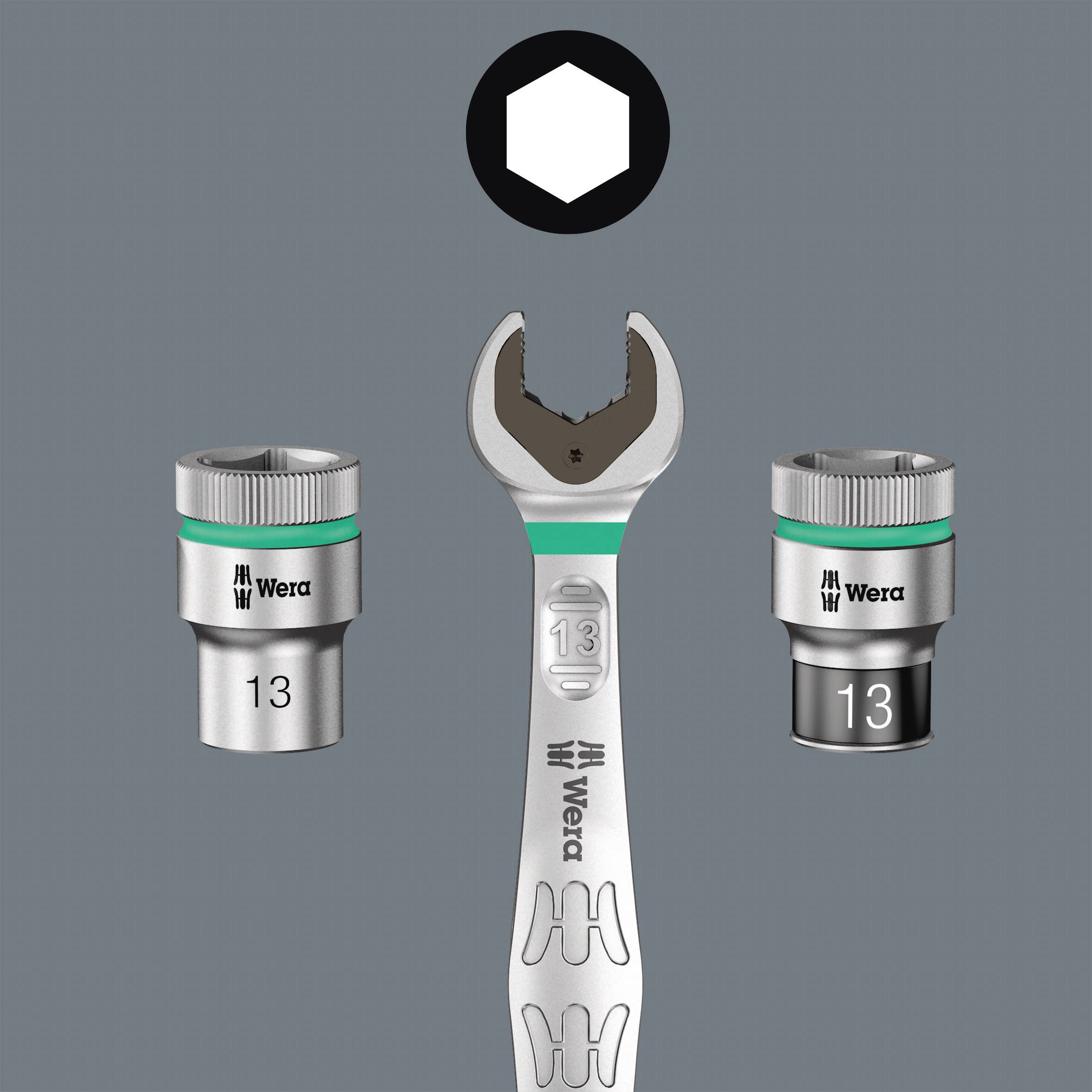 Jeu de clés à anneau et à fourche avec différents embouts, adapté aux travaux avec des boulons et des écrous de 13 mm.