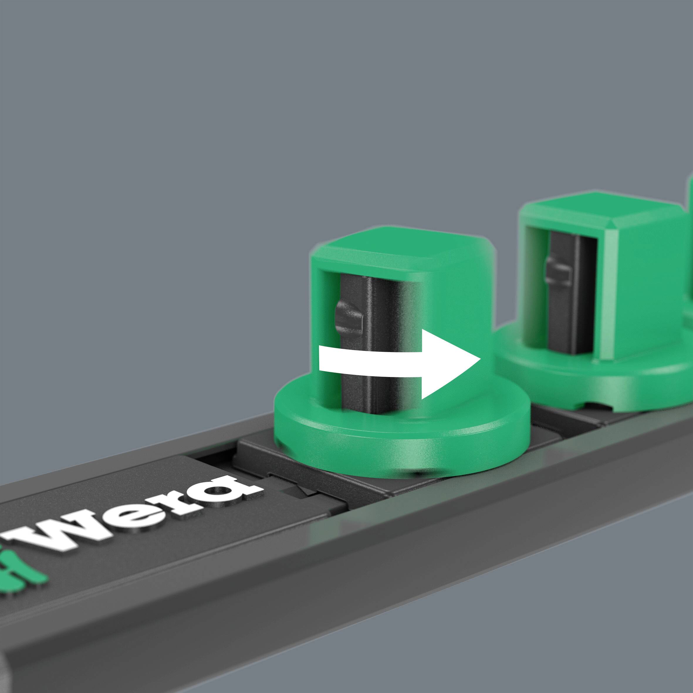 Bouchon en plastique vert avec des flèches blanches indiquant le sens de rotation. Élément d'un système d'outils. Logo de marque en arrière-plan.