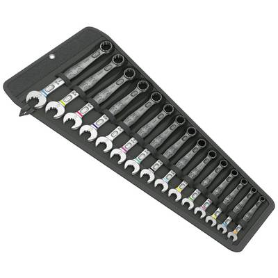 Un étui ouvert contenant 17 clés à fourche différentes, rangées par taille, chacune munie d'un anneau de couleur pour l'identification.
