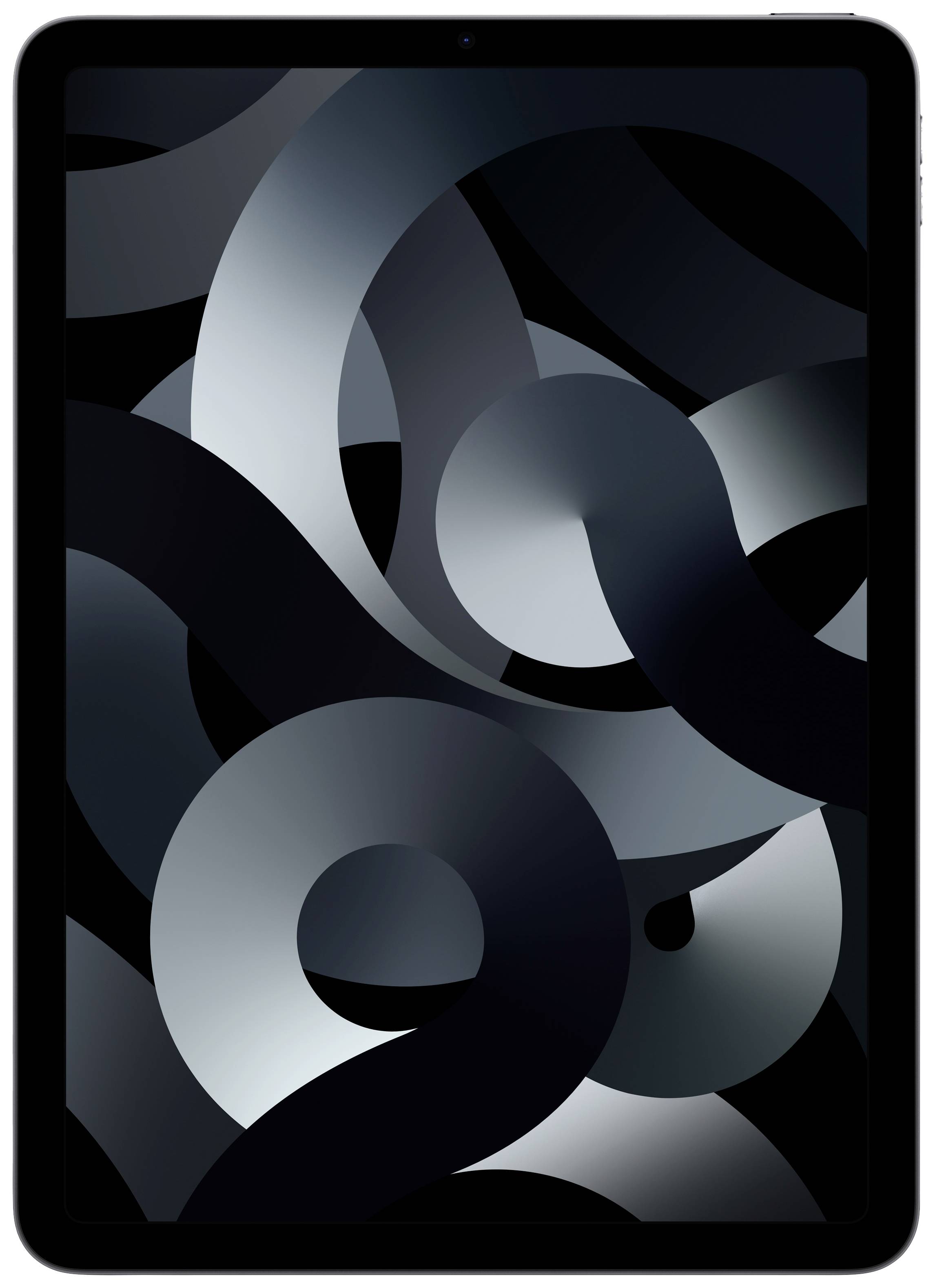 Une tablette avec un arrière-plan abstrait composé d'anneaux entrelacés gris et noirs.