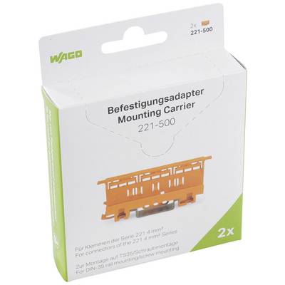 Emballage d'un adaptateur de fixation de la marque WAGO, modèle 221-500. Contient deux adaptateurs pour la série 221 pour montage sur rail DIN.