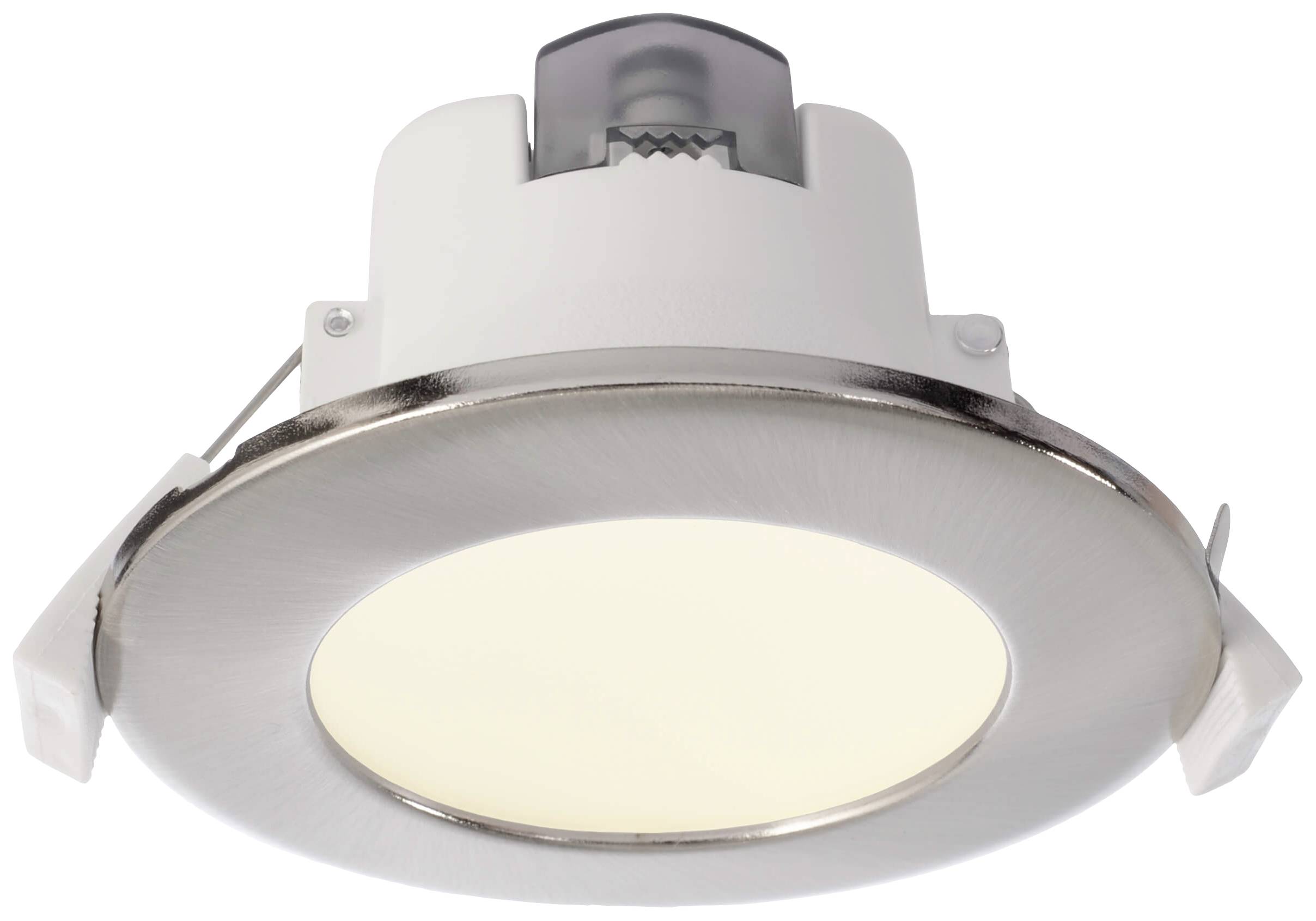 Spot encastrable LED rond avec cadre métallique, diffusant une lumière blanc chaud, adapté pour une installation au plafond.