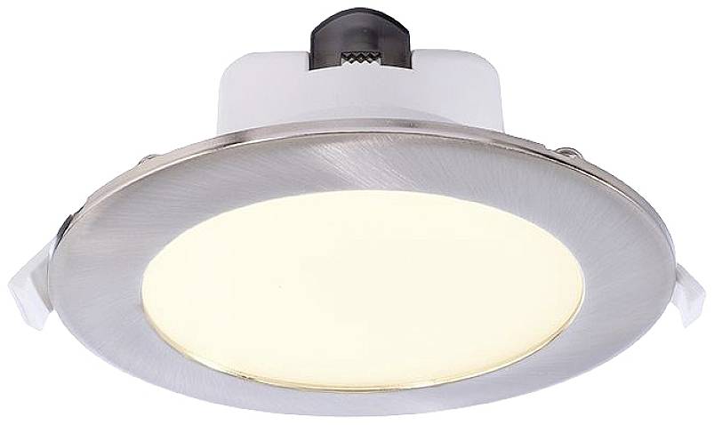 Un plafonnier rond en argent avec un éclairage LED blanc chaud, adapté aux espaces intérieurs modernes.