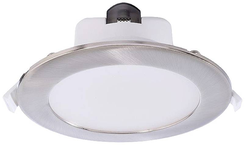 Spot LED encastrable rond avec cadre argenté, couverture blanche et boîtier en plastique, adapté pour une installation au plafond.