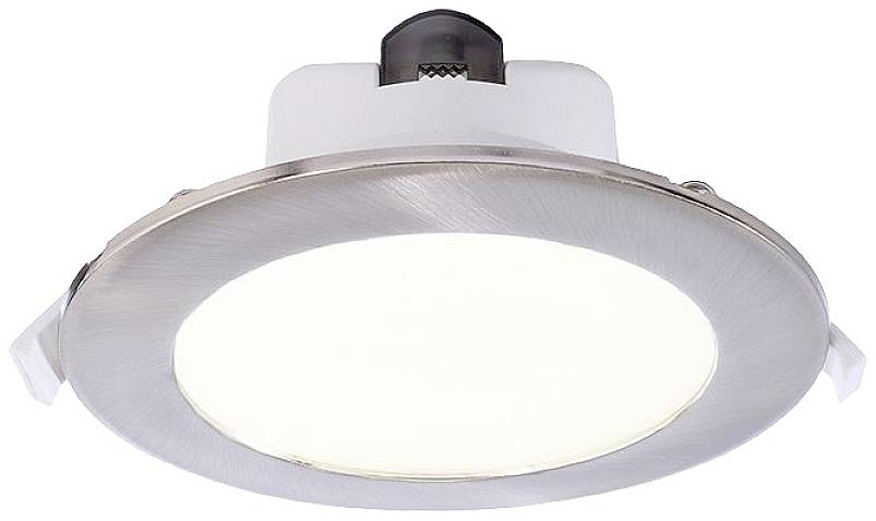 Plafonnier LED rond argenté avec bordure blanche. Économe en énergie, idéal pour les espaces de vie modernes.