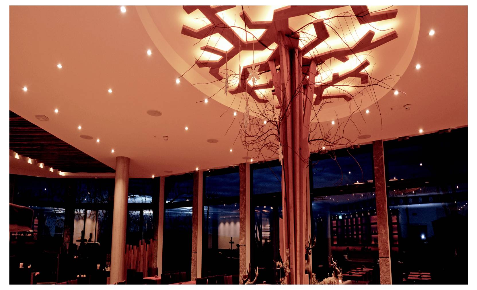 Intérieur moderne avec une grande sculpture lumineuse en forme d'arbre suspendue au plafond, dans un hall ou un restaurant faiblement éclairé, la nuit.