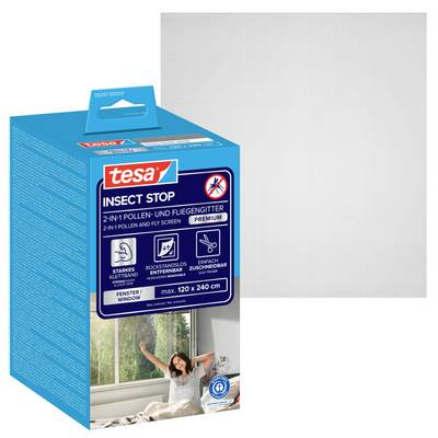 Kit de fenêtre anti-insectes et pollen Tesa Insect Stop premium 2 en 1 Blue, avec écran de maille grise montré à côté.