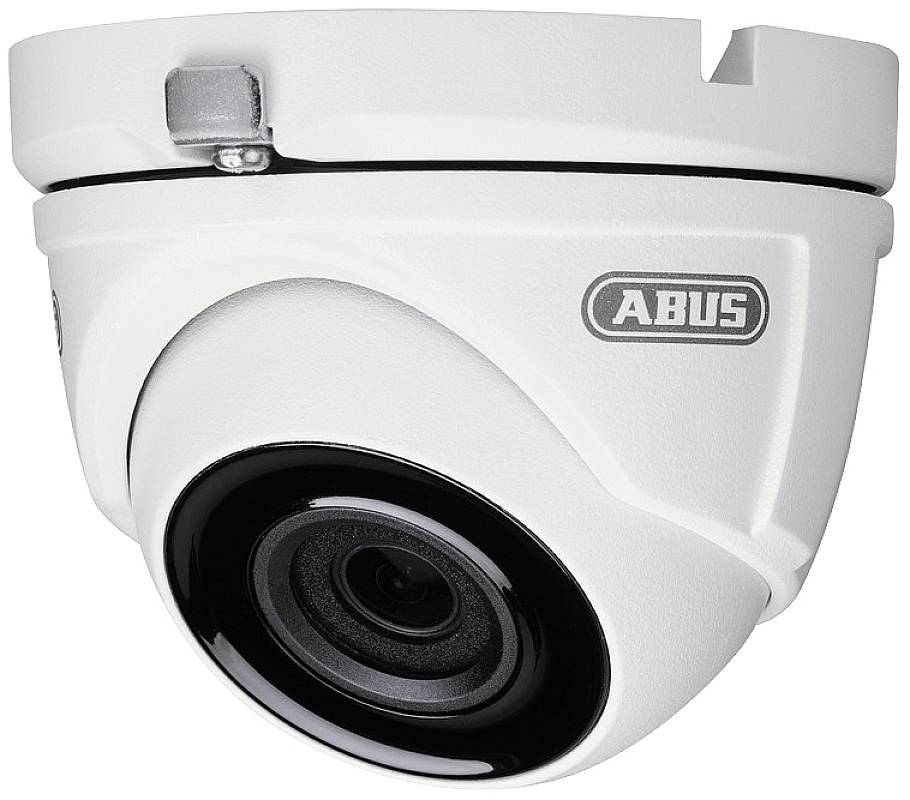 Une caméra de surveillance blanche avec le logo 'ABUS'.