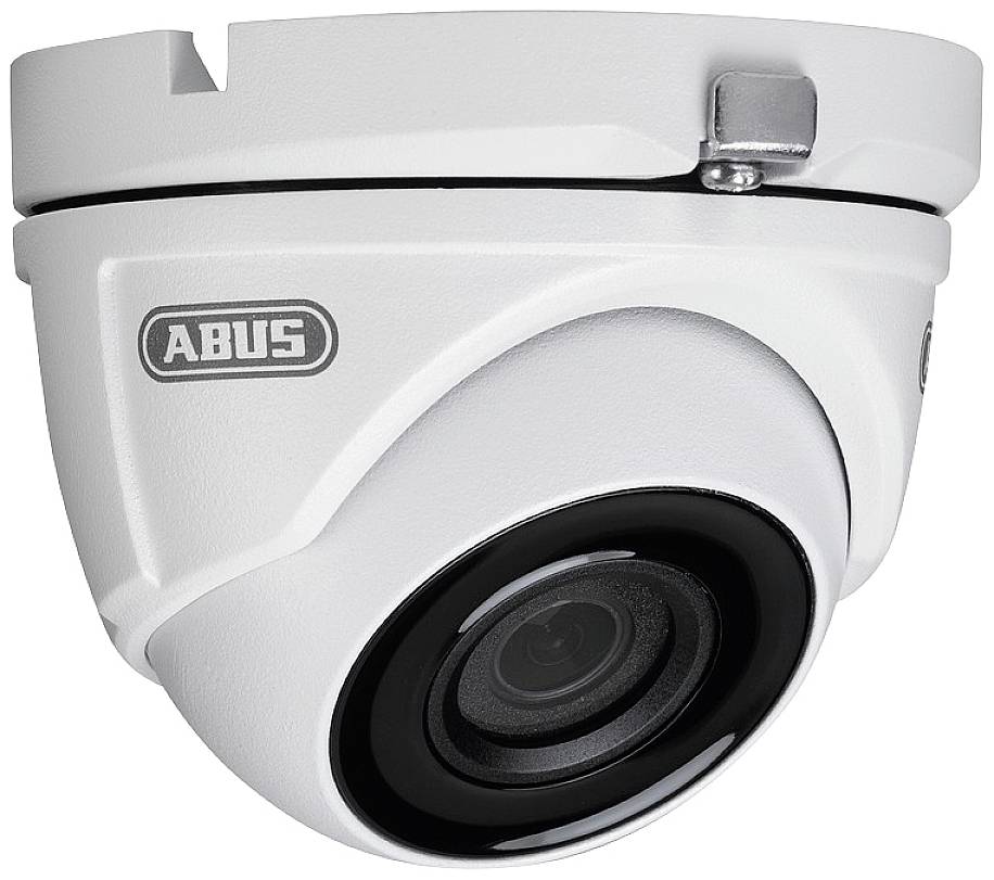 Une caméra de surveillance blanche d'ABUS, montée au plafond, avec un objectif sombre au centre pour la surveillance de sécurité.