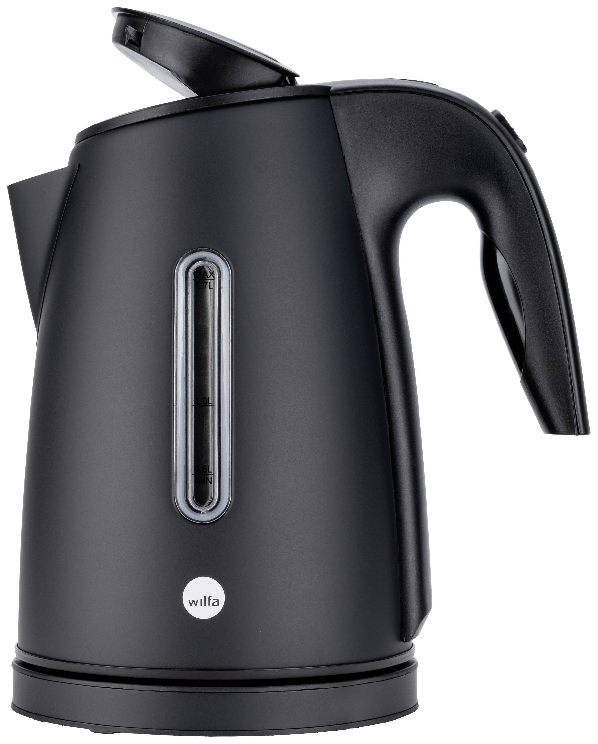 Une bouilloire électrique noire avec son couvercle ouvert et un indicateur de niveau d'eau visible ; un design compact et moderne.