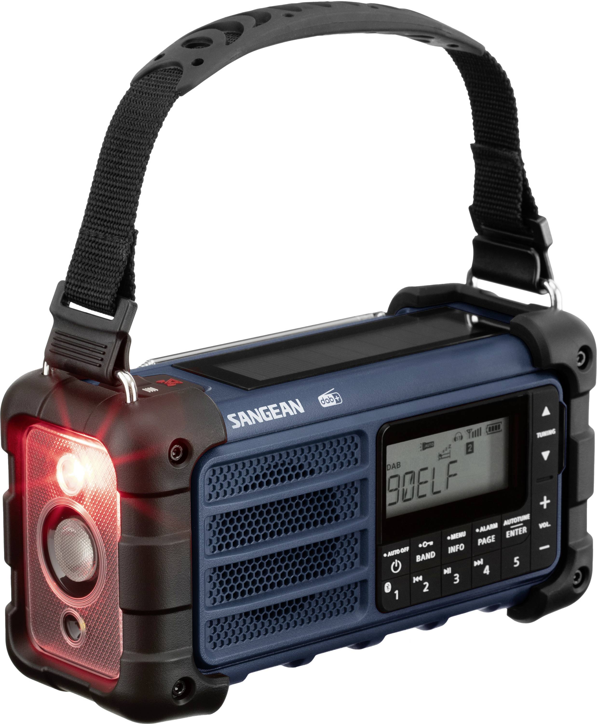 Radio portable bleu avec affichage numérique et poignée de transport, avec un voyant lumineux rouge sur le côté gauche.