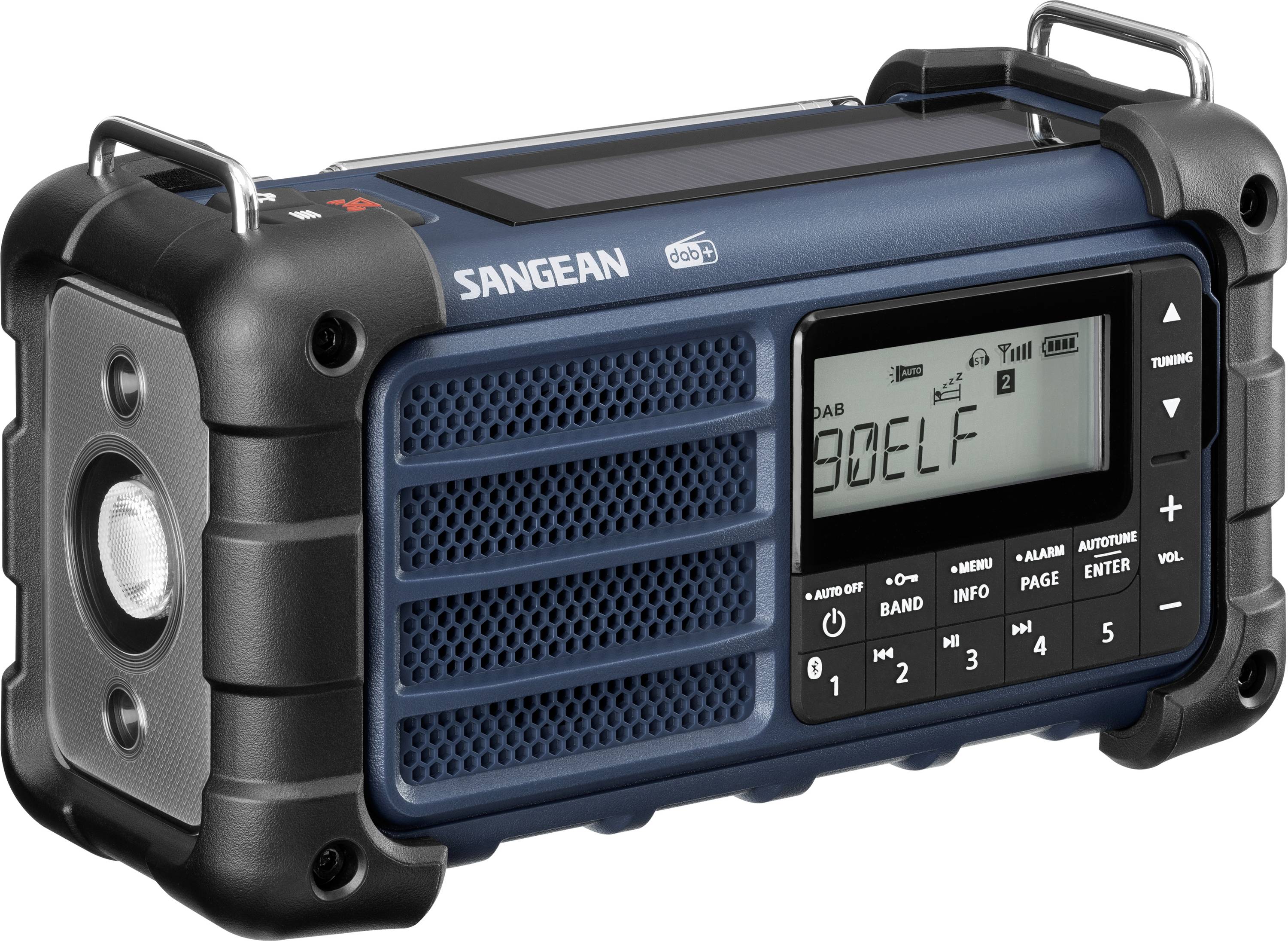 Radio portable Sangean au design robuste avec écran affichant '90 ELF'. Fonctions : DAB, alarme, contrôle du volume.