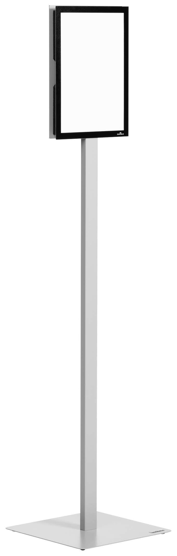 Un support de panneau élancé et autoportant, avec un cadre d'affichage blanc et vide en haut, adapté aux affichages d'information ou à la publicité.