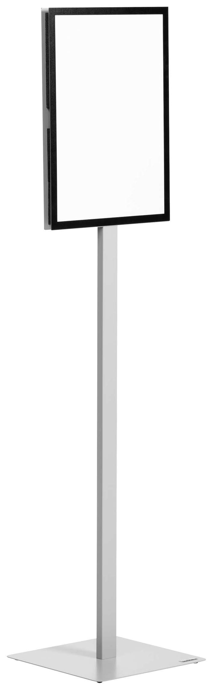 Présentoir métallique avec cadre rectangulaire en haut, espace blanc vide pour présentation d'affiche. Adapté pour des fins d'information ou de publicité.