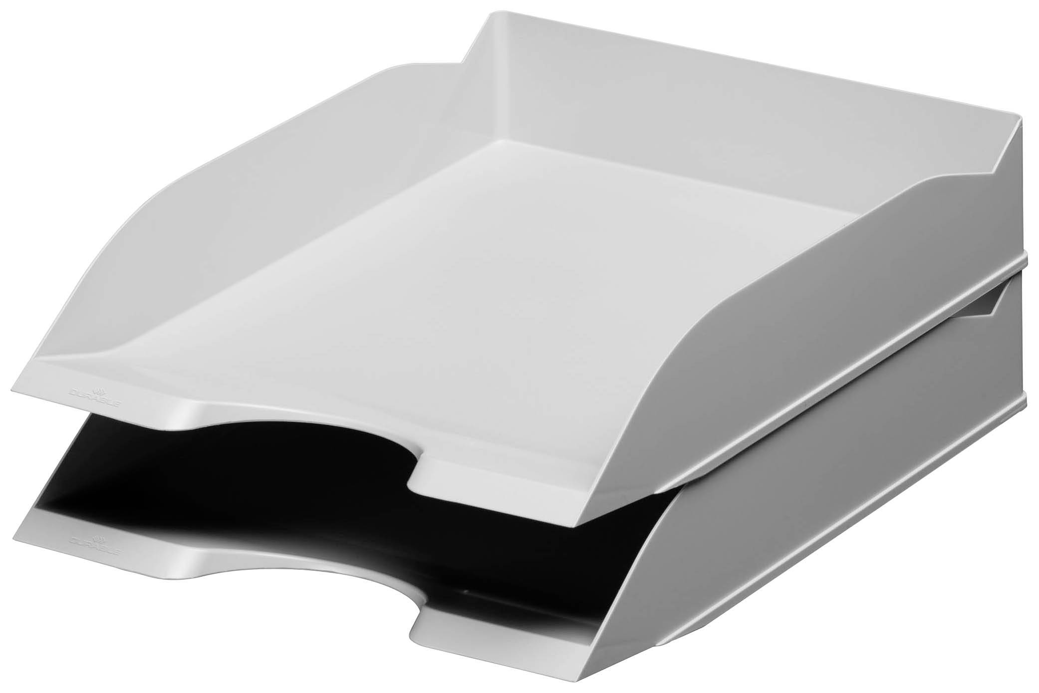Deux plateaux blancs en plastique empilés l'un sur l'autre pour documents et papiers, disposés côte à côte.