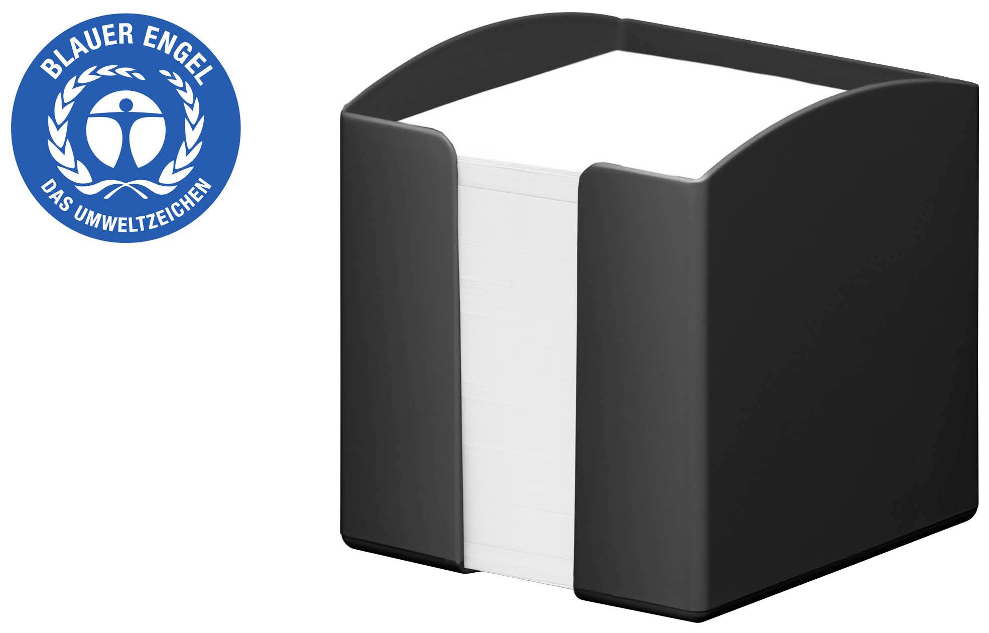 Porte-notes en plastique noir avec des feuilles blanches, à côté à gauche le logo « Ange Bleu - Le label environnemental ».