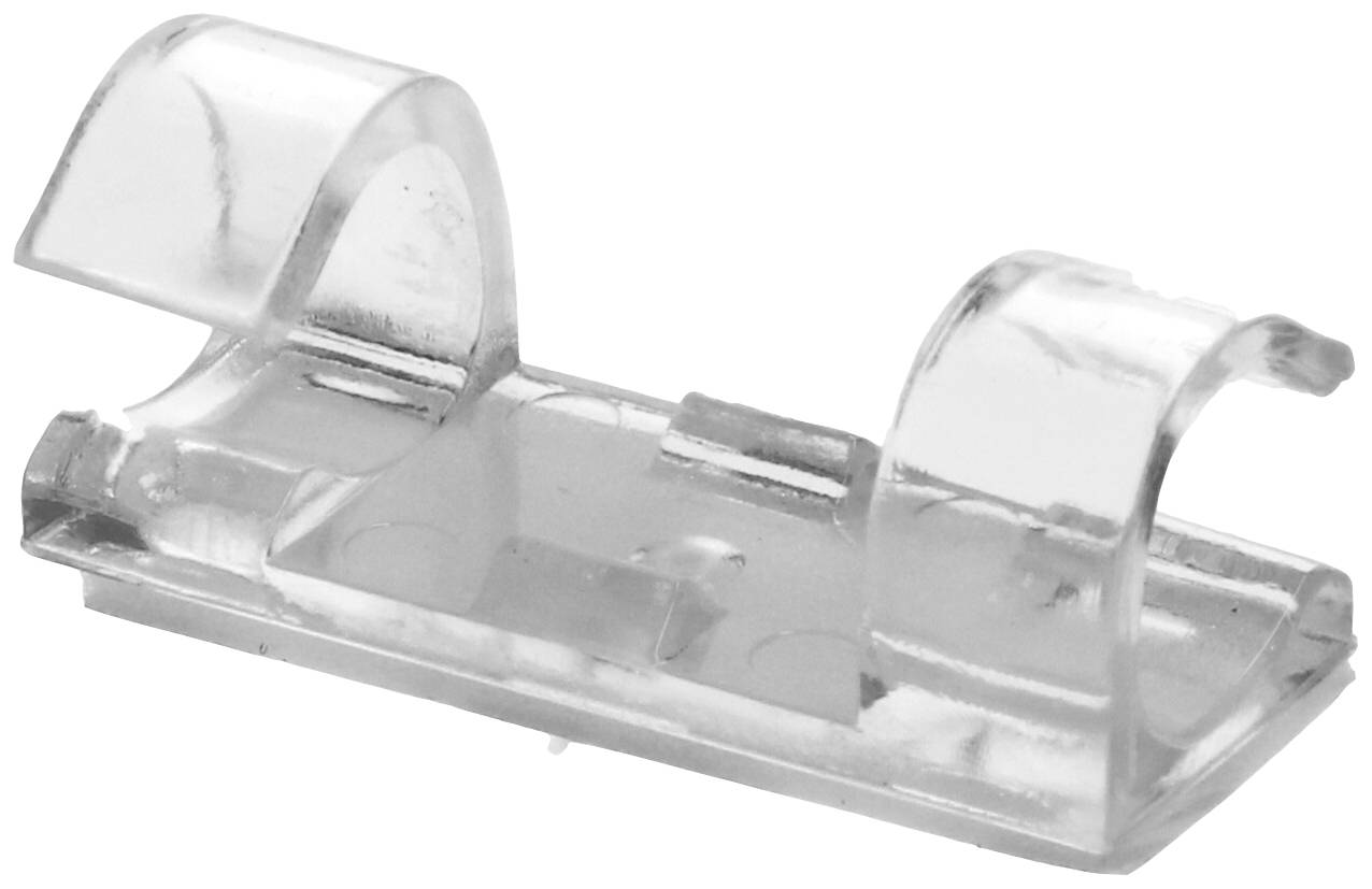 Clip de fixation en plastique transparent avec deux supports, probablement utilisé pour attacher des câbles ou des fils sur des surfaces.