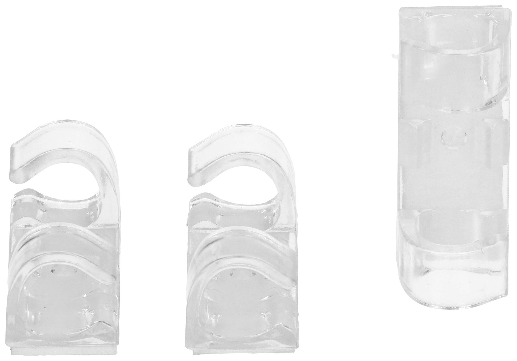 Trois clips en plastique transparent, dont deux de forme crochue et un cylindrique. Ils servent à fixer ou à organiser des objets.