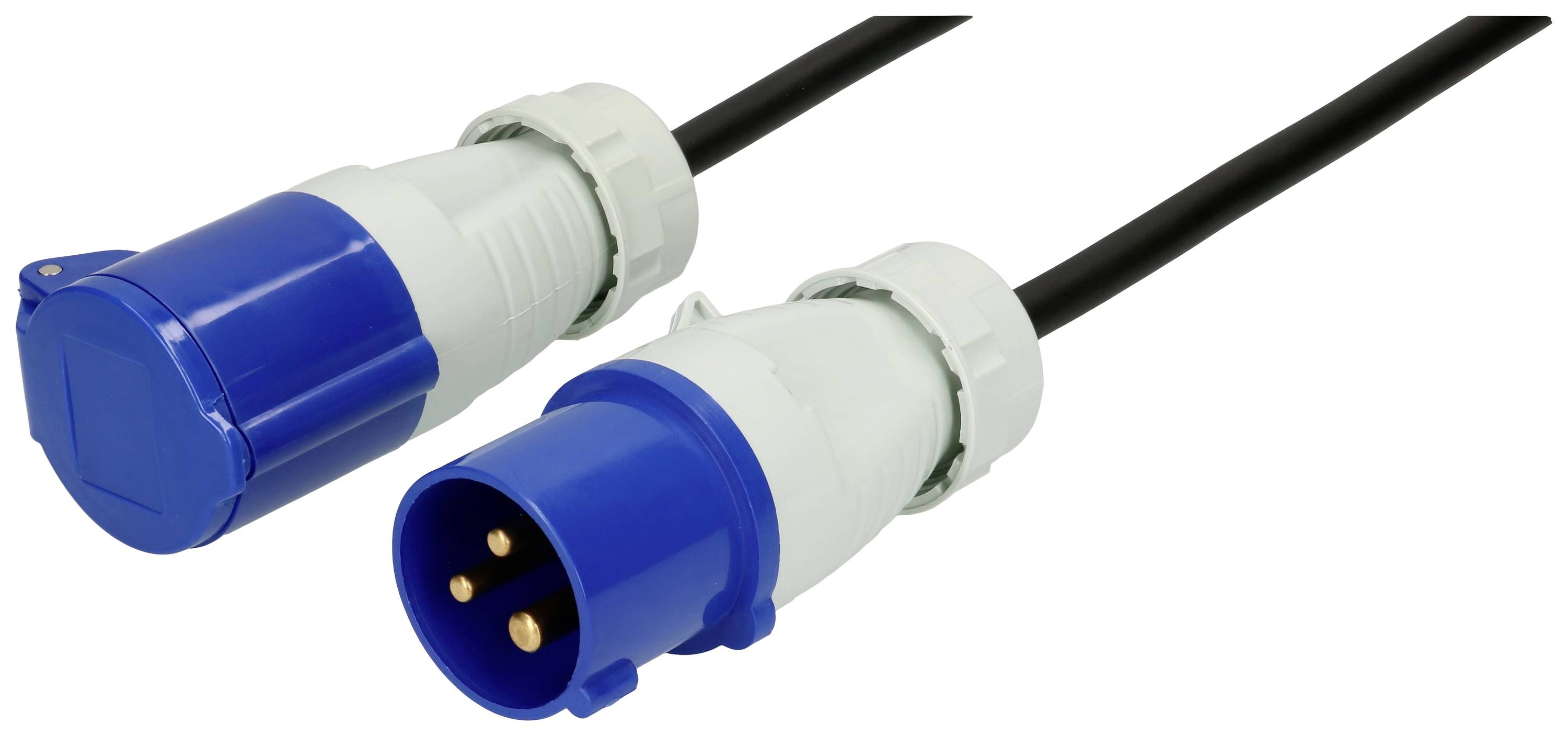 Un couplage industriel bleu et blanc et une fiche à 3 broches, reliés par un câble noir, pour l'alimentation électrique.