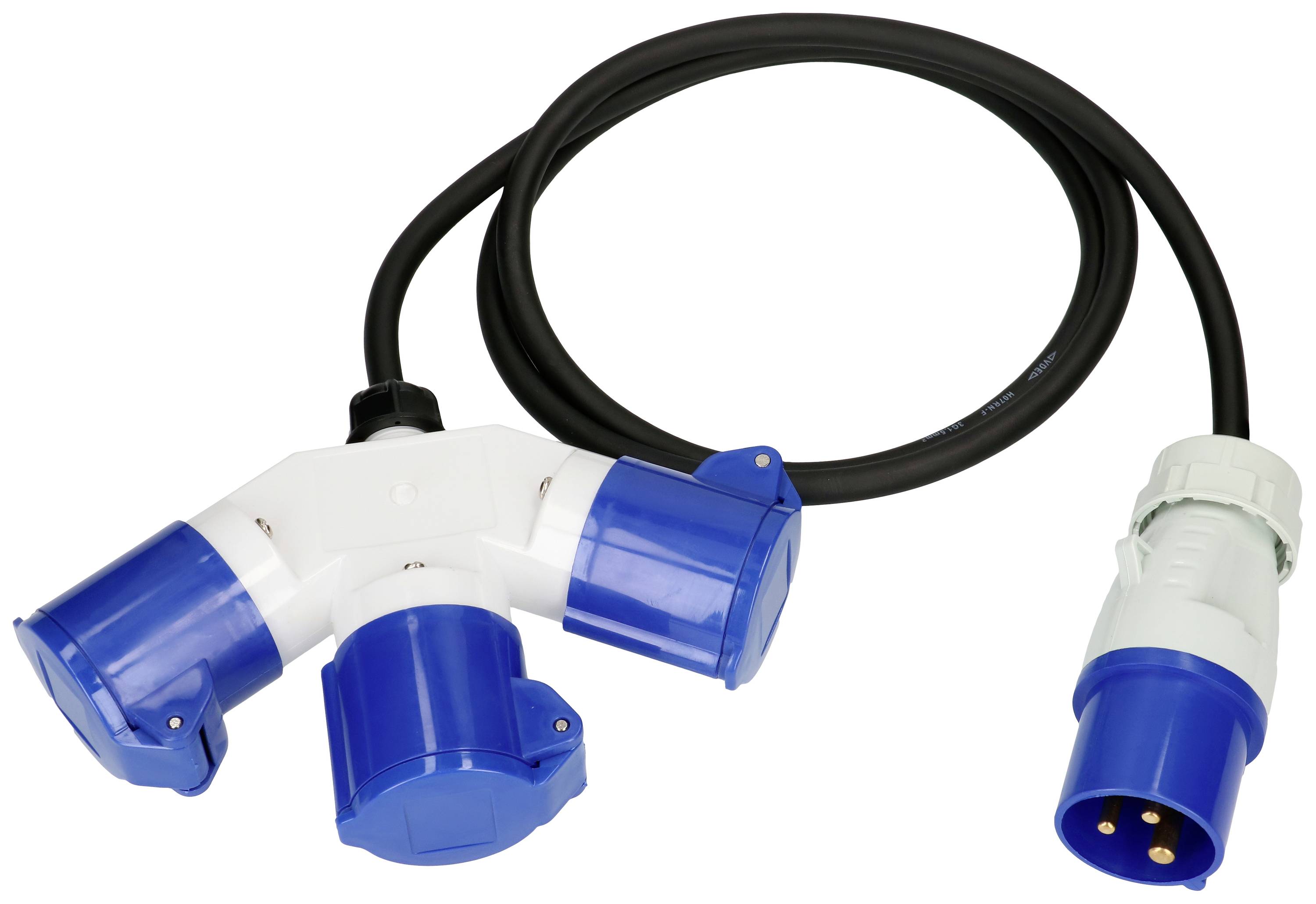 Un connecteur CEE bleu triple avec câble, adapté pour raccorder plusieurs appareils à une source d'alimentation électrique.